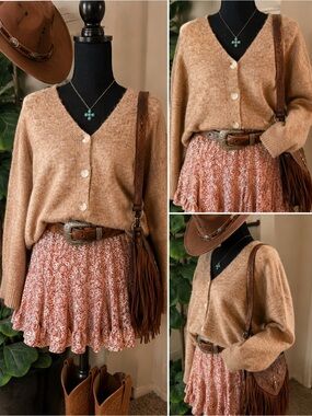 Cozy Taupe V-Neck Cardigan & Rust Floral Ruffle Skort Set